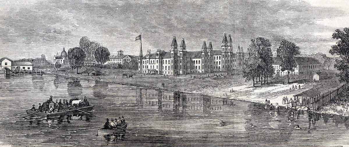 New York State Emigrant's Hospital, Ward's Island, New York City. August 1865, artist's impression