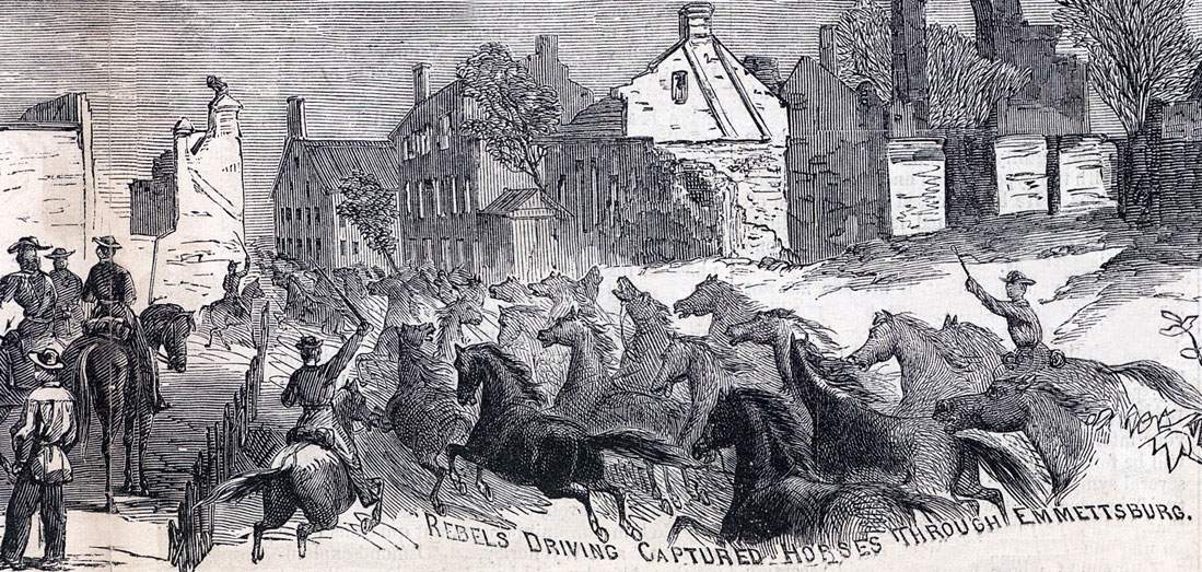 Confederate driving captured horses through Emmitsburg, Maryland, July 1863, artist's impression, detail