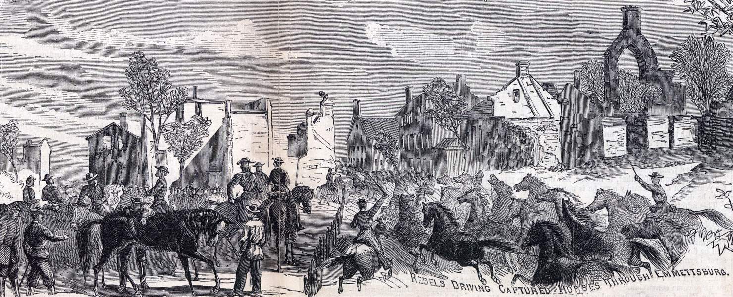 Confederate driving captured horses through Emmitsburg, Maryland, July 1863, artist's impression, zoomable image