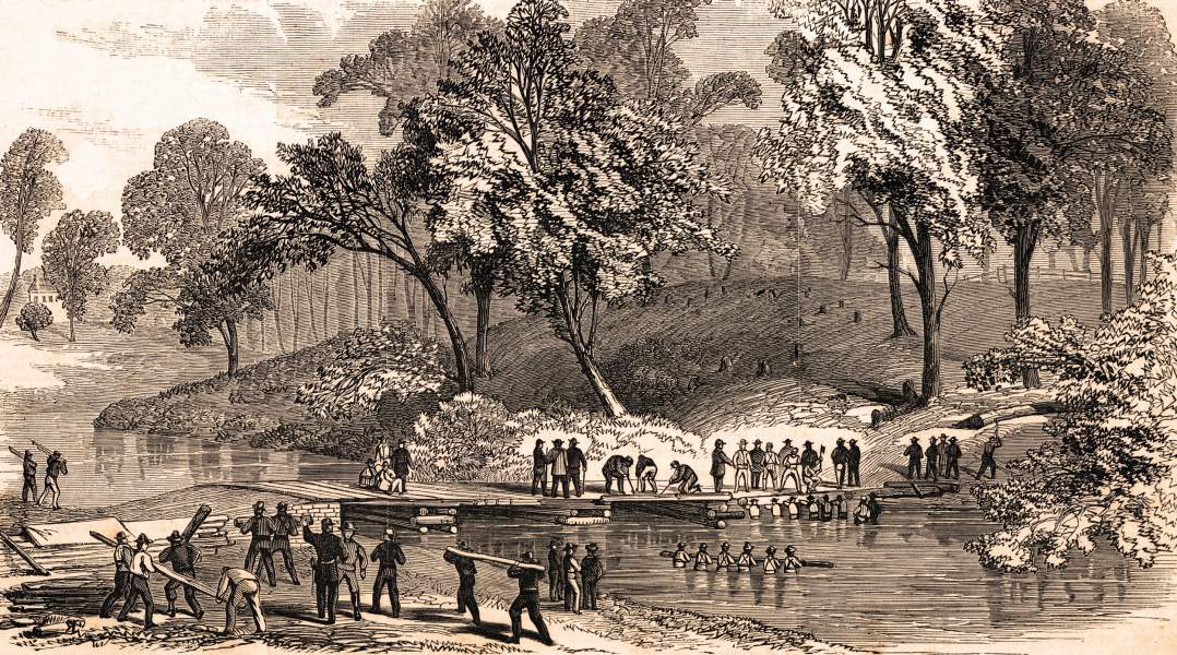 Union regular engineers building a bridge over the Antietam in Maryland, July 11, 1863, artist's impression, zoomable image