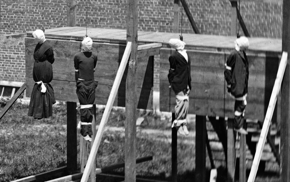 Execution of the Lincoln Conspiracy Plotters, Washington, D.C., July 7, 1865, hooded bodies hanging, detail