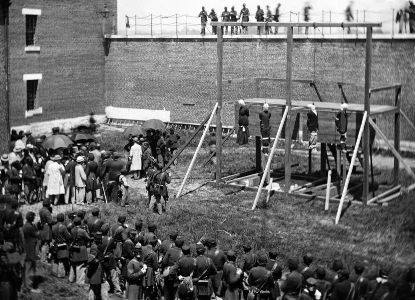 Execution of the Lincoln Conspiracy Plotters, Washington, D.C., July 7, 1865, bodies hanging, zoomable image