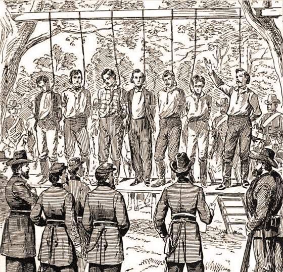 Execution of seven of the Ohio railway raiders, Atlanta, Georgia, June 18, 1862, artist's impression