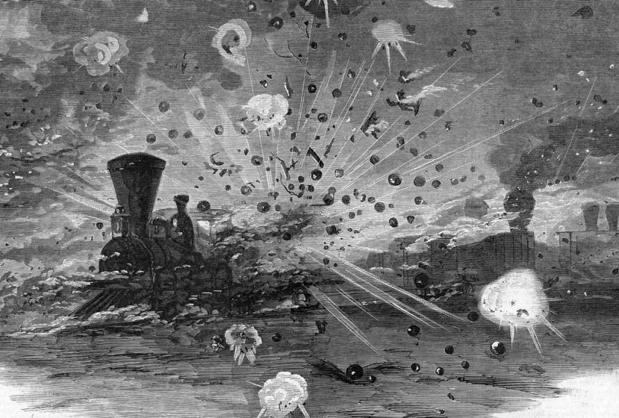 Confederate destruction of Railroad stock before abandoning Atlanta, Georgia, September 1, 1864, artist's impression