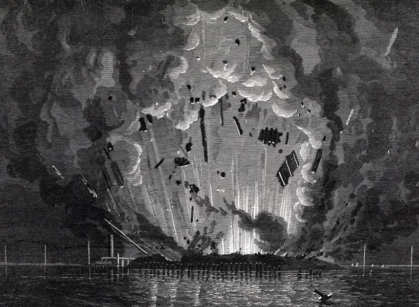 Evacuating Confederate garrison blows up Fort Powell, Mobile Bay, Alabama, July 5, 1864, artist's impression, detail