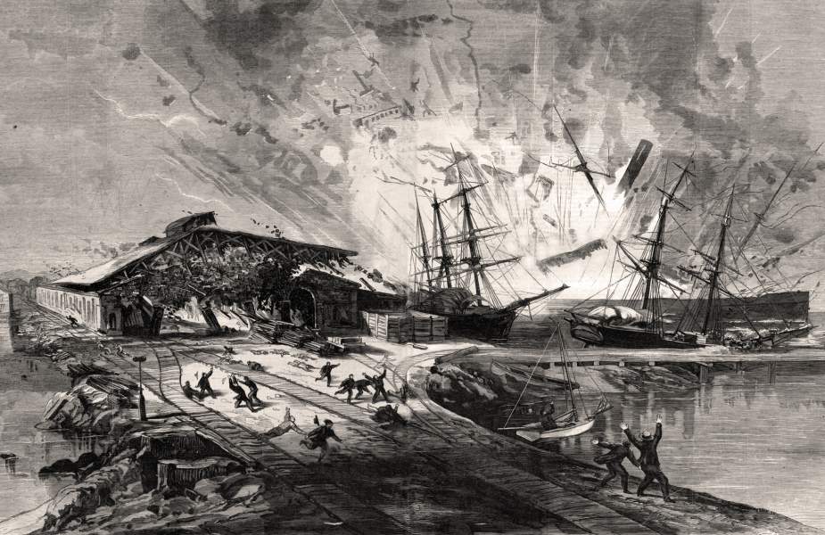 Explosion of the steamer "European," Colón, Panama, April 3, 1866, artist's impression, zoomable image.