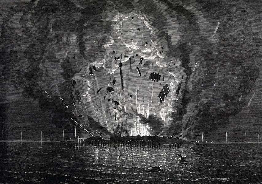 Evacuating Confederate garrison blows up Fort Powell, Mobile Bay, Alabama, July 5, 1864, artist's impression, zoomable image