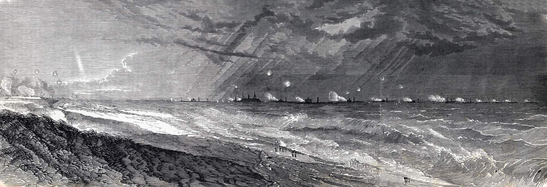 Naval bombardment of Fort Wagner, South Carolina defenses, July 1863, artist's impression, zoomable image