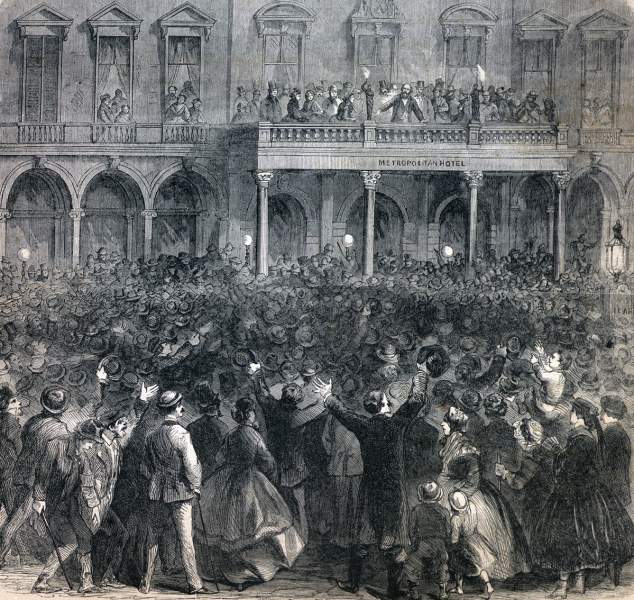 Crowds greet James Stephens, Fenian leader, New York City, May 10, 1866, artist's impression