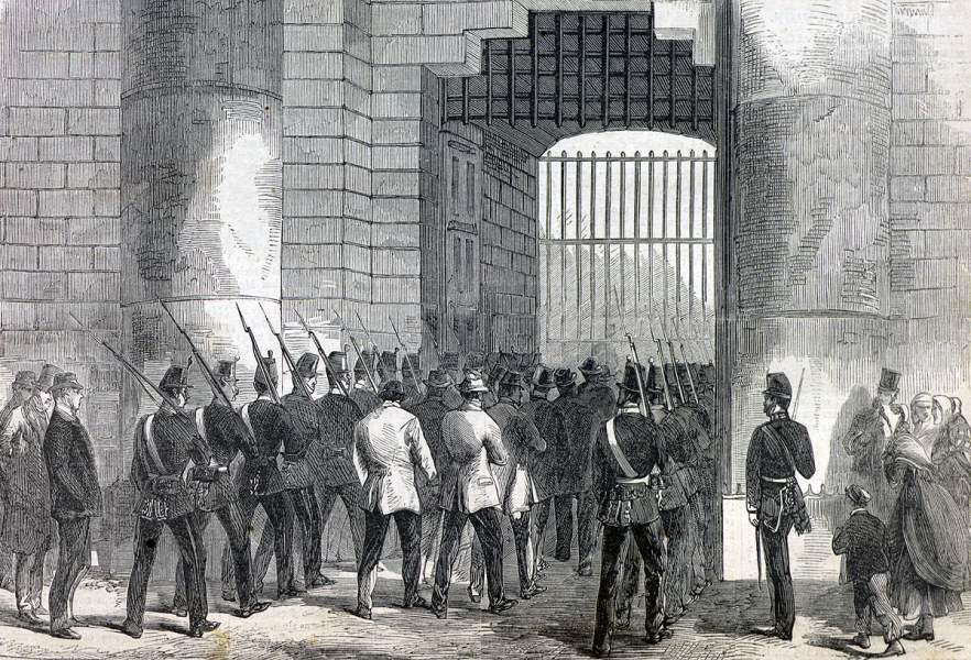 Fenian Prisoners entering the County Prison, Cork, Ireland, Spring 1866, artist's impression