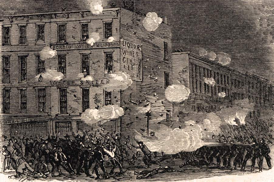 Fighting between rioters and the military, New York City, July 1863, artist's impression