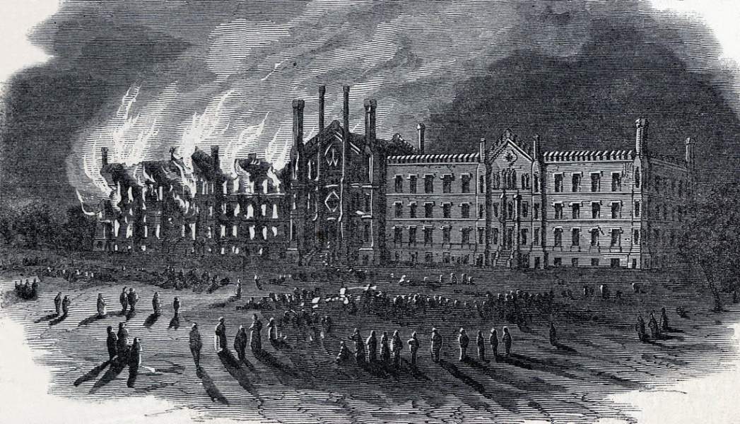 Burning of the State Inebriate Asylum, Binghampton, New York, September 16, 1864, artist's impression