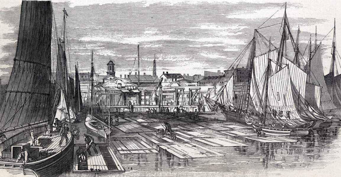 Fulton Fish Market Docks, East River, New York City, October 1865, artist's impression
