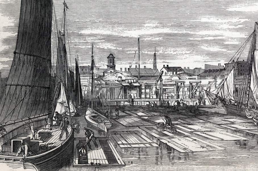 Fulton Fish Market Docks, East River, New York City, October 1865, artist's impression, detail