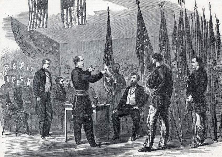 New York Regiments presenting Battle Flags to Governor Fenton of New York, Albany, New York, July 4, 1865, artist's impression