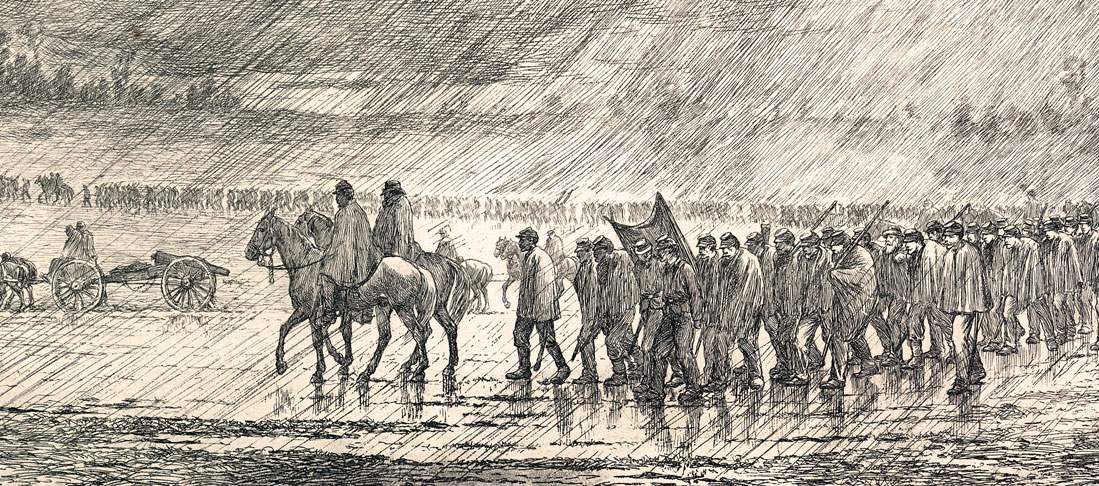 "A Flank March Across Country during a Thunder Shower," Edwin Forbes, copper plate etching, 1876, detail