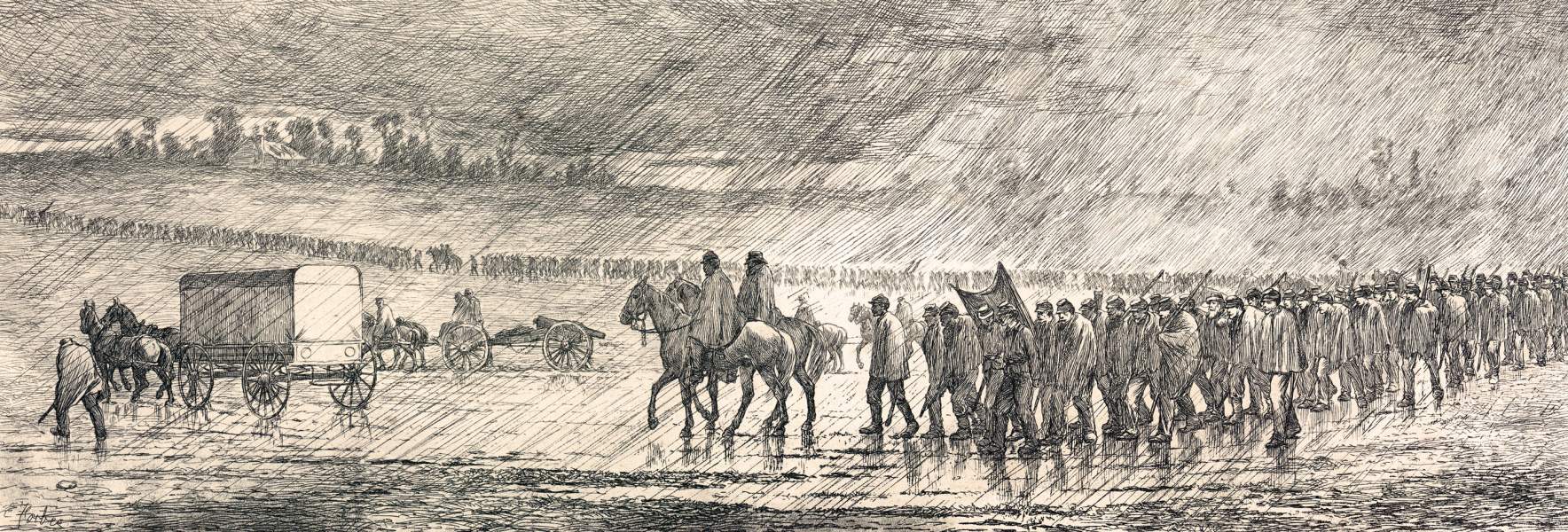 "A Flank March Across Country during a Thunder Shower," Edwin Forbes, copper plate etching, 1876, zoomable image