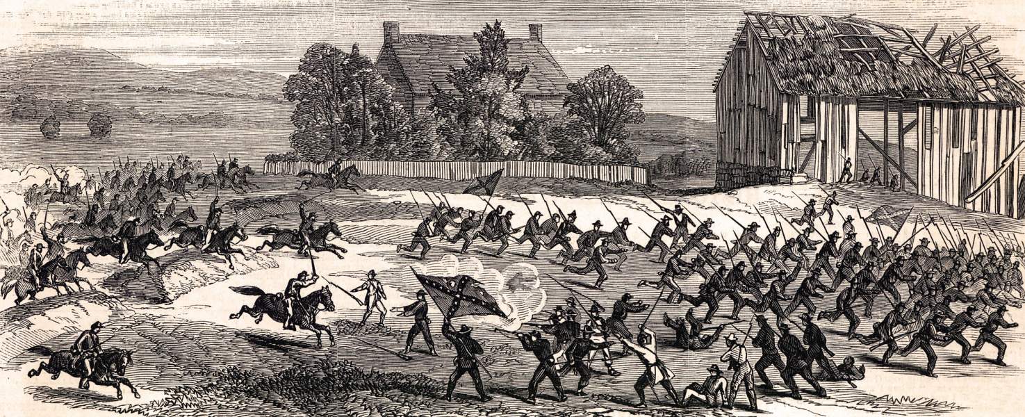 Federal cavalry attack the rearguard of Lee's army at Falling Waters, July 14, 1863, artist's impression, zoomable image