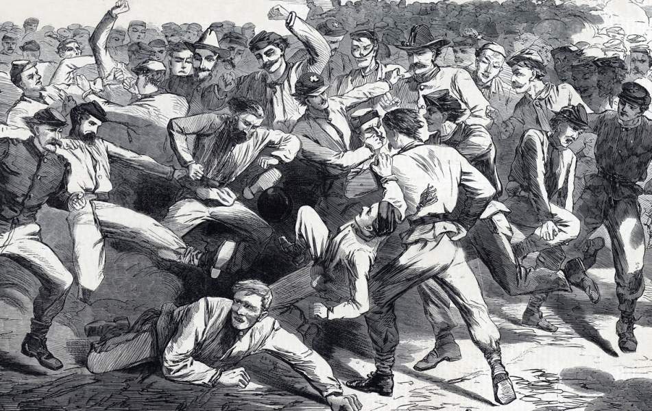 Winslow Homer, "Holiday in Camp - Soldiers Playing 'Football'," Harper's Weekly Magazine, July 15, 1865, detail