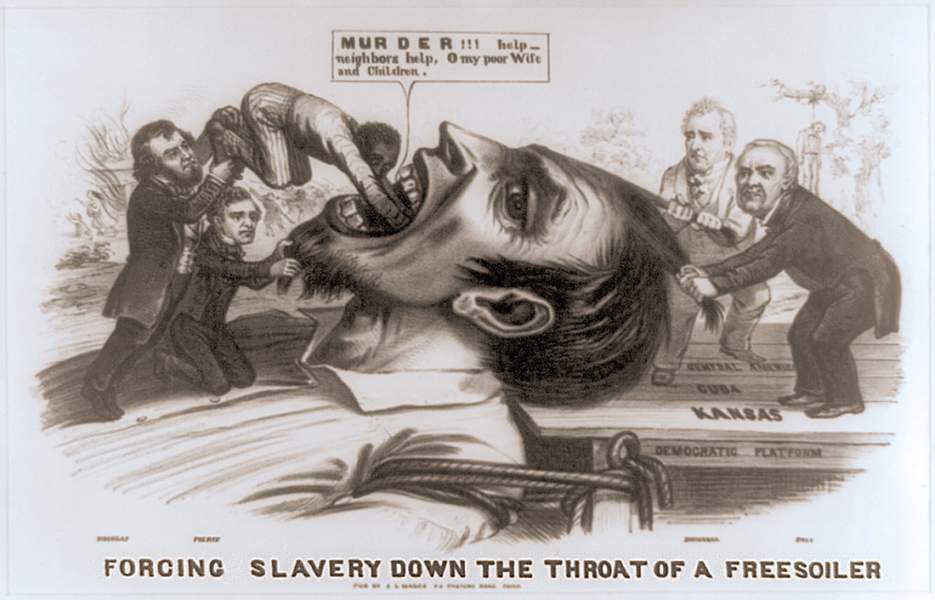 "Forcing Slavery Down the Throat of a Freesoiler," 1856, political cartoon
