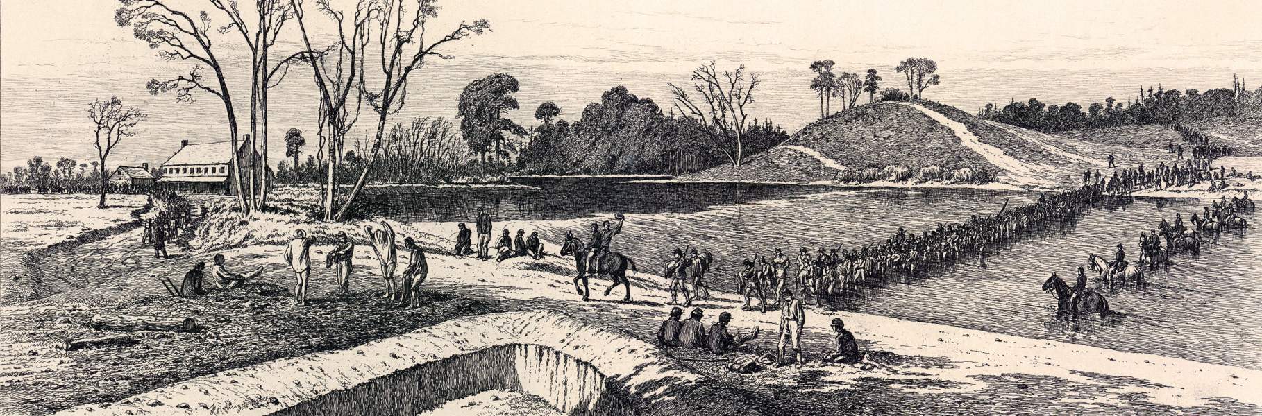 "Fording a River," Edwin Forbes, copper plate etching, 1876, zoomable image