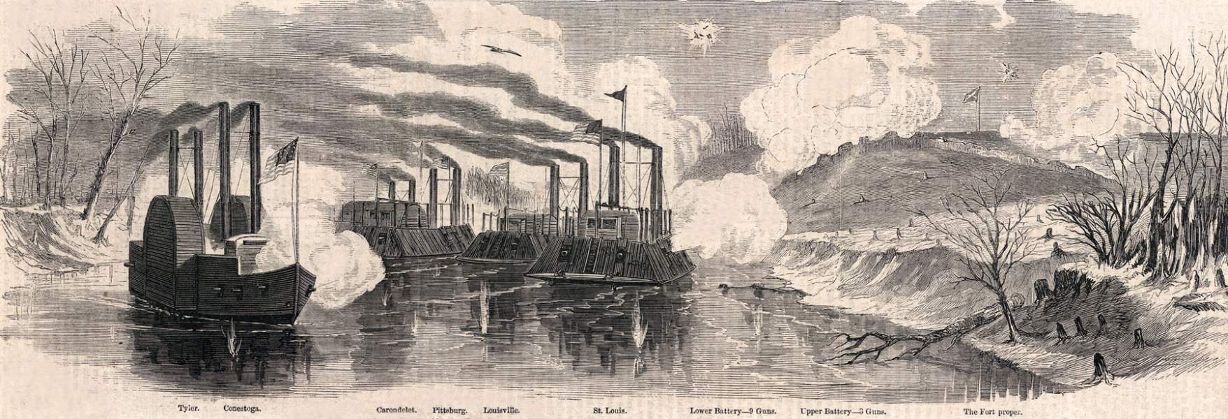 Union Gunboats attacking Fort Donelson, Tennessee, February 1862, artist's impression, zoomable image