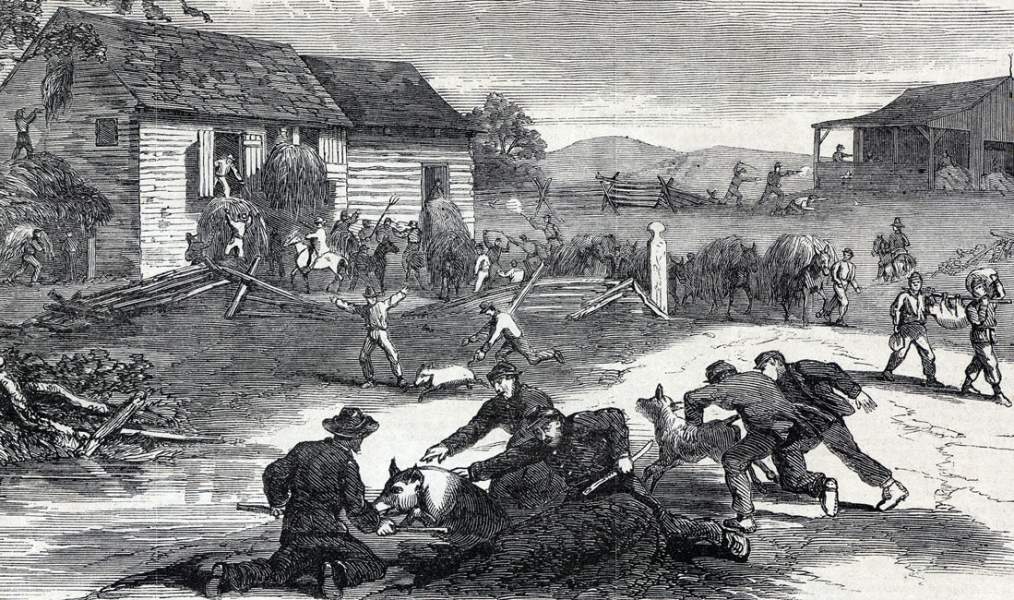 Union Cavalry foraging in the Shenandoah Valley, Virginia, September, 1864, artist's impression, detail