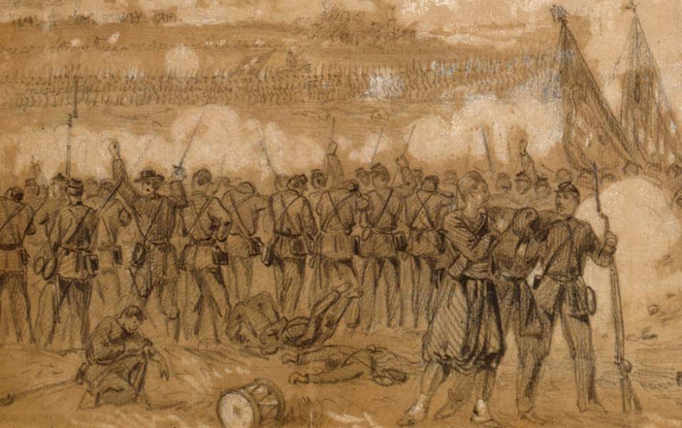 "Battle of Friday on the Chickahominy," Gaines' Mill, June 27, 1862, artist's impression, detail