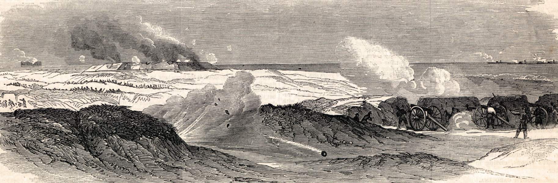 Shelling of Fort Wagner, Morrris Island, South Carolina, July 24-25, 1863, artist's impression, zoomable image