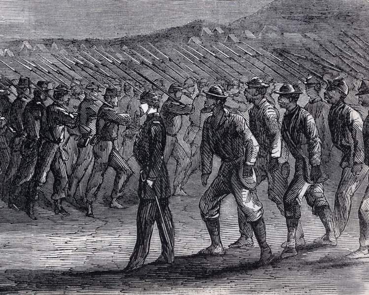 Union replacements move up to the trenches before Fort Wagner, South Carolina, August 1865, artist's impression, detail