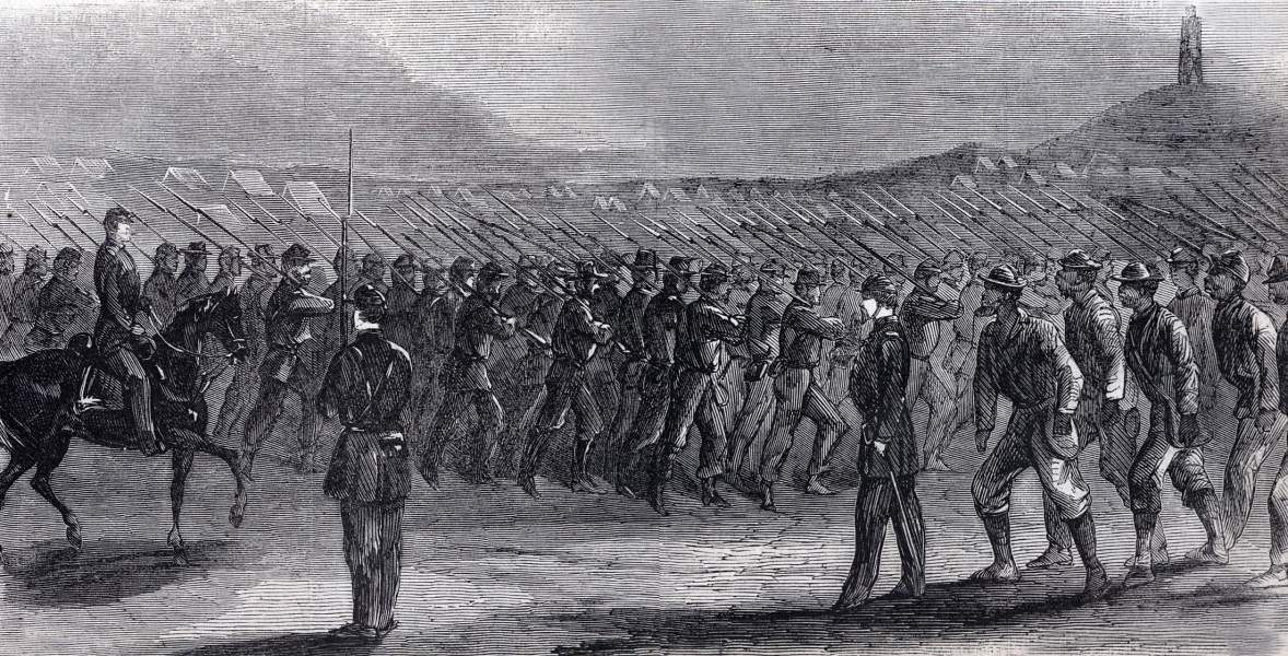 Union replacements move up to the trenches before Fort Wagner, South Carolina, August 1865, artist's impression, zoomable image