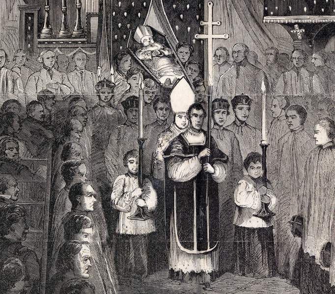 Funeral of Archbishop Hughes, St. Patrick's Cathedral, New York City, January 7, 1863, artist's impression, detail.