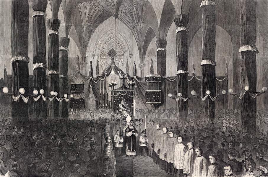 Funeral of Archbishop Hughes, St. Patrick's Cathedral, New York City, January 7, 1863, artist's impression, zoomable image