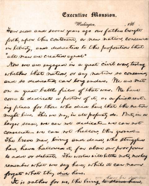 Gettysburg Address (Nicolay Draft), November 19, 1863 (Page 1), zoomable image