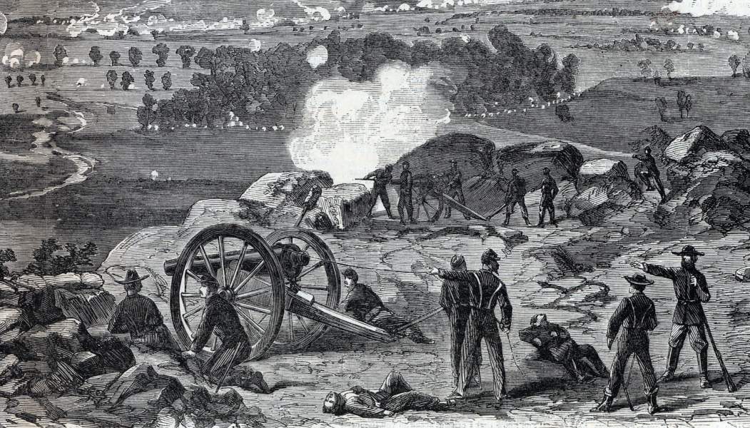 Lieutenant Charles Hazlett's battery, Little Round Top, Gettysburg, July 2, 1863, artist's impression, detail, zoomable image