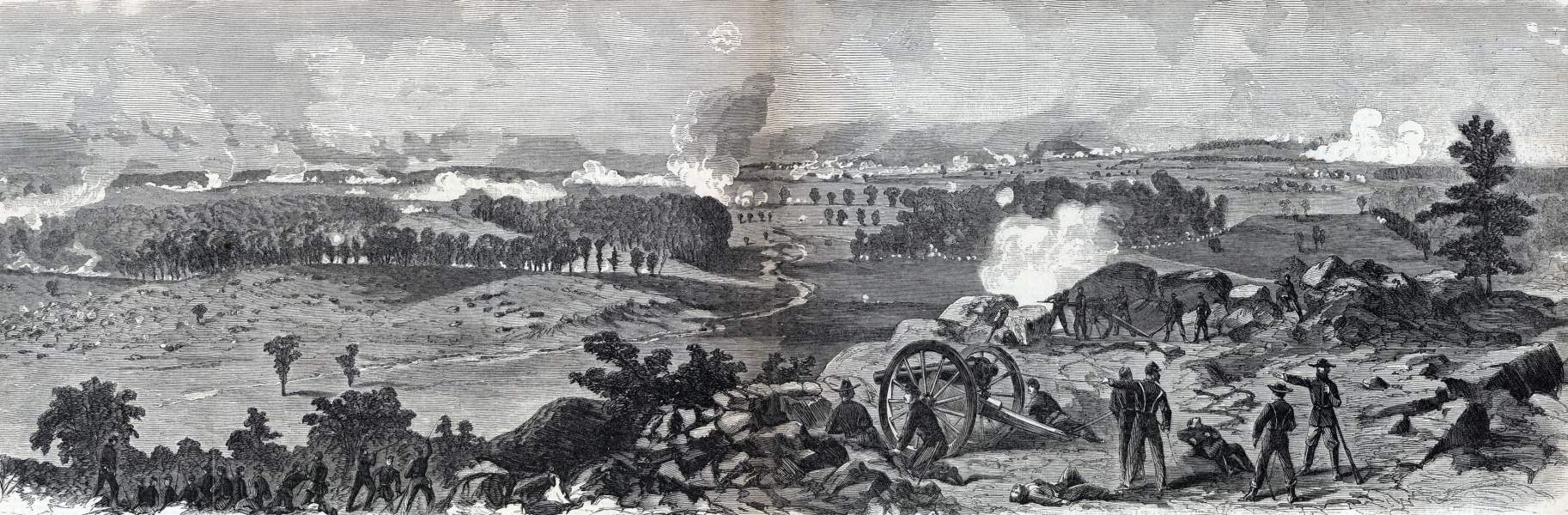 Lieutenant Charles Hazlett's battery in action, Little Round Top, Gettysburg, July 2, 1863, artist's impression, zoomable image