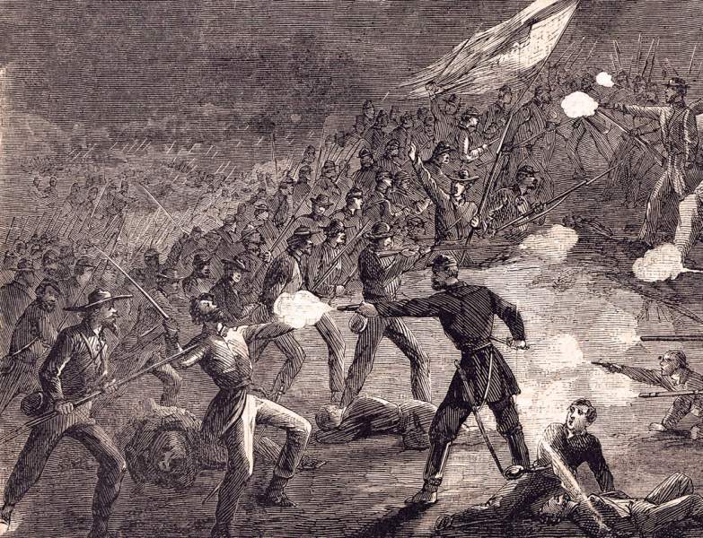 Louisiana Tigers attack East Cemetery Hill, Gettysburg, July 2, 1863, artist's impression, detail