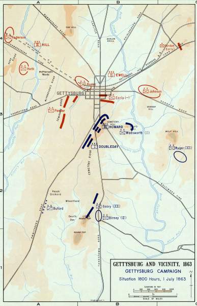 Battle of Gettysburg, evening of July 1, 1863, campaign map, zoomable image