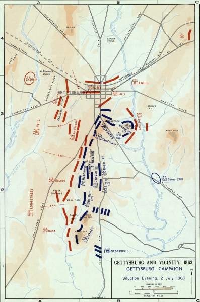 Battle of Gettysburg, evening of July 2, 1863, campaign map, zoomable image