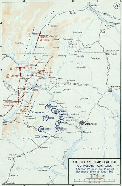 Gettysburg Campaign, movements June 19-24, 1863, campaign map, zoomable image