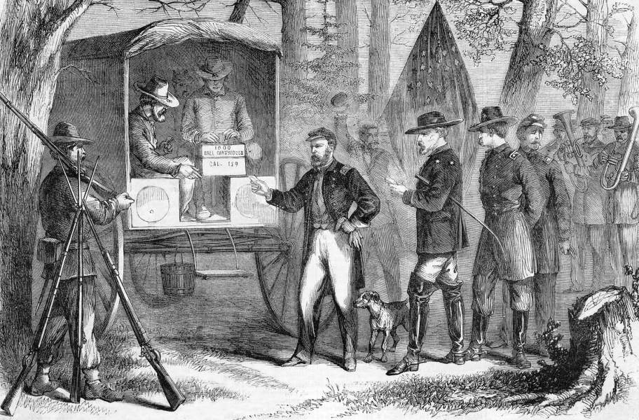 General Sheridan casting his ballot on General Election Day, November 1864, artist's impression, zoomable image