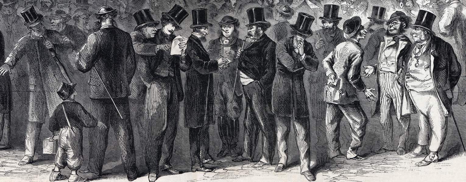 Rush for Treasury Gold Certificates, Exchange Place, New York City, April 1864, artist's impression, zoomable image, detail