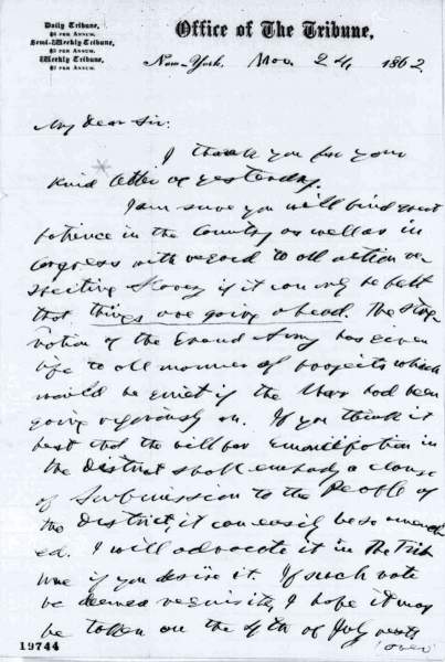Horace Greeley to Abraham Lincoln, March 24, 1862 (Page 1)