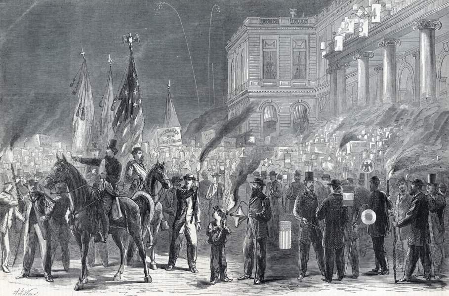German Singing Societies, evening parade, City Hall Park, July 15, 1865, artist's impression