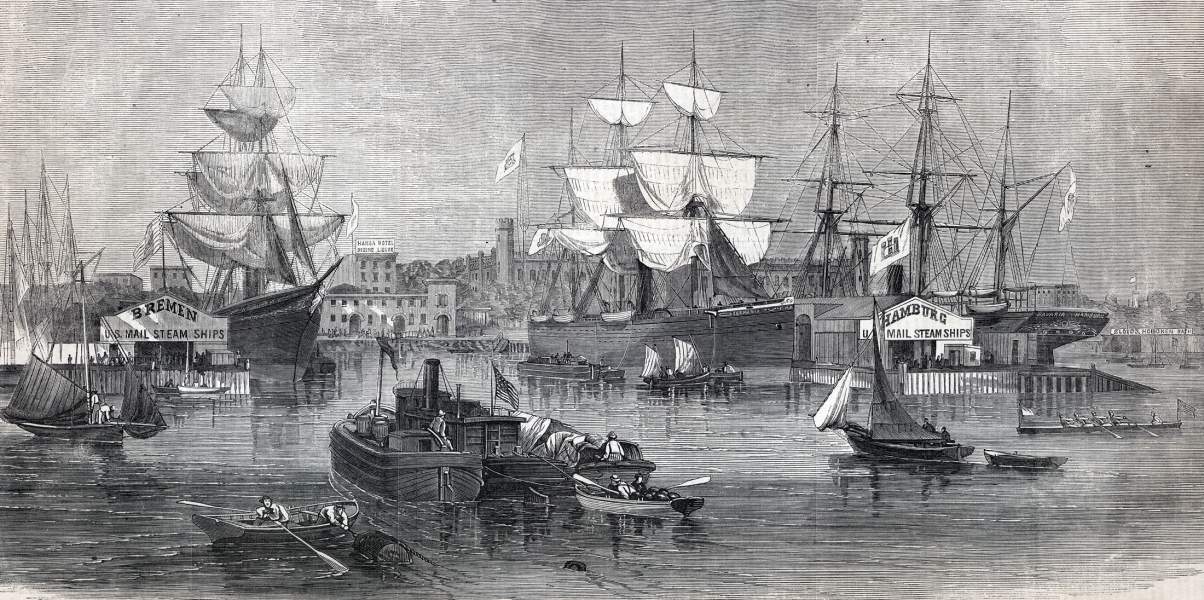 Hamburg-American and North German Lloyd docks, Hoboken, New Jersey, September, 1865, artist's impression, zoomable image.