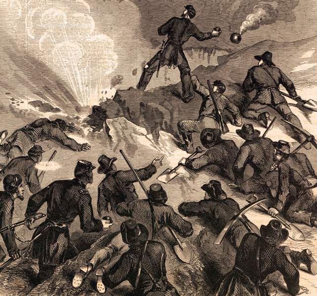 Fighting with hand-grenades during the siege of Vicksburg, June 13, 1863, artist's impression, detail
