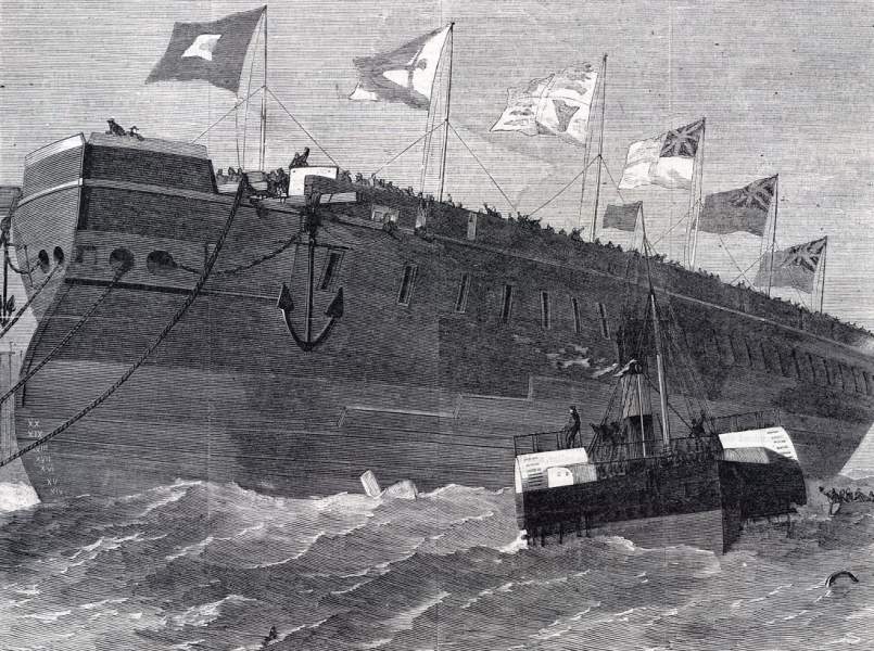 Launch of new British Warship "Minotaur," December 1863, artist's impression