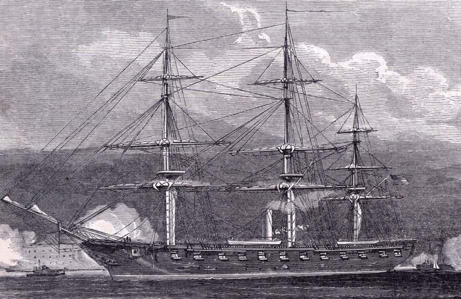 U.S.S. Hartford, flagship of Admiral Farragut, arriving in New York Harbor, August 1863, artist's impression, detail