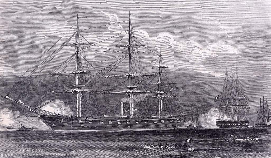 U.S.S. Hartford, flagship of Admiral Farragut, arriving in New York Harbor, August 1863, artist's impression, zoomable image