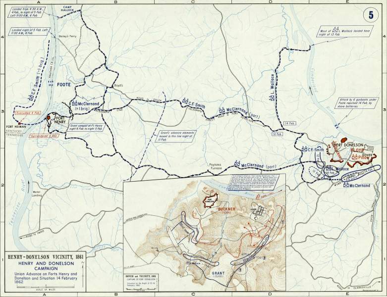 Union Advance on Forts Henry and Donelson, February 14, 1862, campaign map, zoomable image